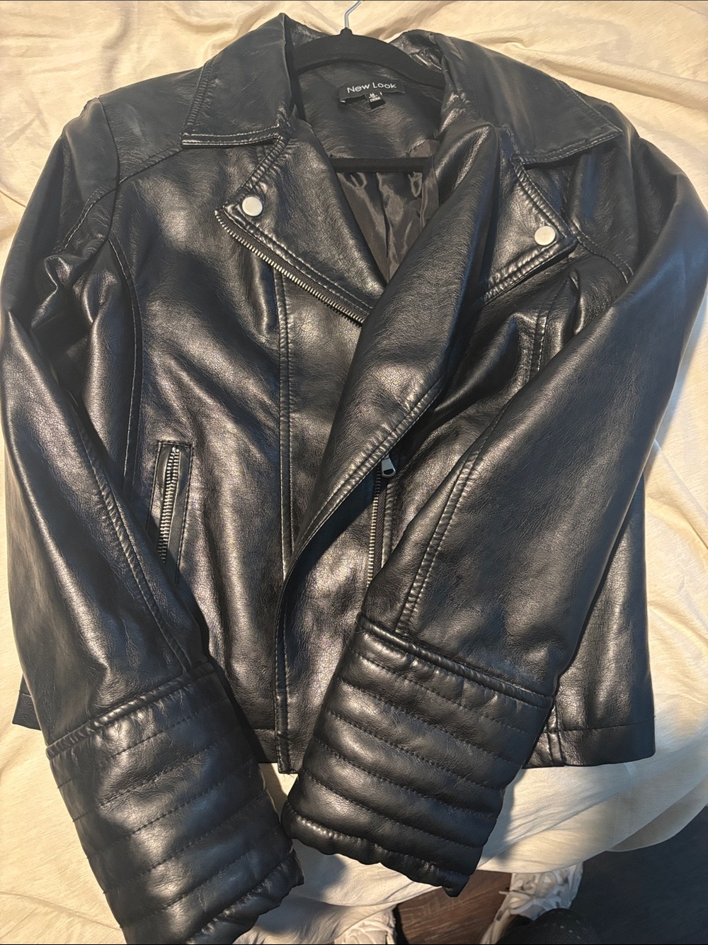 New Look Black Faux Leather Biker Jacket with Quilted Cuffs